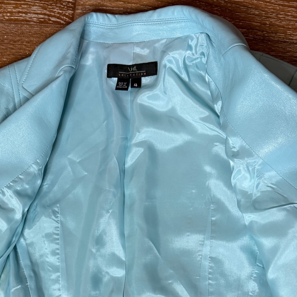 /id Collection (Nordstrom) Turquoise Lt. Blue Leather Blazer Jacket / Size 4 - Picture 8 of 9